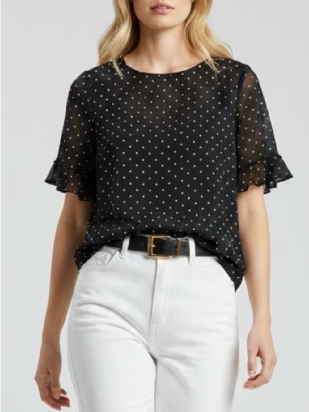 Ricki’s Black White Polka Dots Blouse Short Ruffle Sleeves Sheer Flowy Small